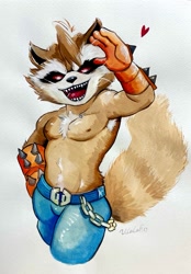 Size: 1391x2000 | Tagged: safe, artist:ulala-ko, rocket raccoon, mammal, raccoon, cub, cubs only, male, males only, solo cub, solo male, young, guardians of the galaxy, traditional, watercolors, armpit hair, beady eyes, chain, clothing, fluffy tail, gauntlets, hand on own hip, happy trail, looking at you, nipples, one arm up, open mouth, open smile, pants, pecs, sharp teeth, smiling, smiling at you, solo, standing, tight clothing, topless, whiskers