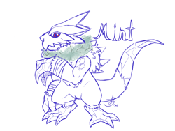 Size: 1000x750 | Tagged: safe, artist:roguemorpho, oc:mint the blucomon, blucomon, digimon (species), cub, cubs only, male, males only, semi-anthro, solo cub, solo male, young, digimon, lines, sketchy, chest fluff, featureless crotch, front view, full-length portrait, looking at you, neck fluff, posing, solo, standing