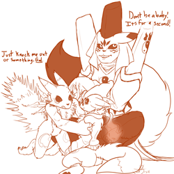 Size: 2000x2000 | Tagged: safe, artist:roguemorpho, oc:alt the renamon, oc:grave the doumon, oc:sunshine the renamon, digimon (species), doumon, ghost, renamon, spirit, anthro, female, male, digimon, digital, monochrome, sketch, annoyed, black sclera, bottomless, chest fluff, clothing, couple, crossed arms, dialogue, english text, eye roll, featureless crotch, front view, giggling, jacket, kneeling, looking at each other, married couple, nudity, open mouth, parent and child, puffed tail, scared, side view, sitting, size difference, straight tail, sunglasses, trio, wariza
