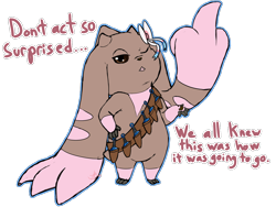 Size: 1000x750 | Tagged: safe, artist:roguemorpho, oc:tinba, digimon (species), lopmon, anthro, cub, cubs only, male, males only, solo cub, solo male, young, digimon, colored, digital, flat colored, bandolier, belt, big ears, bow, brown body, brown eyes, brown fur, featureless crotch, flipping off, full-length portrait, fur, gesture, hand on hip, horn, kunai, long ears, looking at you, lop ears, one eye closed, open mouth, prehensile ears, solo, standing, text, weapon