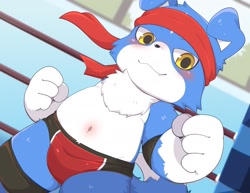 Size: 2000x1541 | Tagged: safe, artist:toruu, digimon (species), gaomon, cub, cubs only, male, males only, semi-anthro, solo cub, solo male, young, digimon, blushing, boxing, bulge, chest fluff, dutch angle, fighting ring, fighting stance, hachimaki, navel, solo, speedo, swimsuit