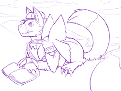 Size: 1000x750 | Tagged: safe, artist:roguemorpho, oc:gleam the morphomon, oc:rose the dorumon, digimon (species), dorumon, morphomon, cub, female, females only, feral, semi-anthro, young, digimon, digital, lines, monochrome, sketch, antennae, closed eyes, clothed feral, crossed arms, cuddling, duo, flat cap, fluffy tail, glasses, hug, outdoors, side view, solo