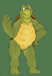Size: 1382x2000 | Tagged: safe, artist:hopelesshighschool, verne, reptile, turtle, anthro, plantigrade, over the hedge, colored, flat colored, anthrofied, front view, hand on hip, looking away, one arm up, shell, solo, standing, talking