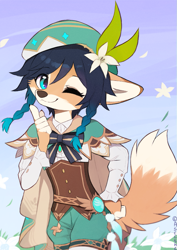 Size: 833x1178 | Tagged: safe, artist:aseethe, venti, canid, fox, mammal, anthro, boy, cub, cubs only, femboy, male, solo boy, solo cub, solo male, solo teen, teen, young, genshin impact, colored, digital, alternate species, bottomwear, braided hair, cape, clothing, daytime, furrified, gesture, hair, hand on hip, hat, headwear, looking at you, one eye closed, orange body, outdoors, raised index finger, shirt, shorts, smiling, solo, tail, teal eyes, topwear