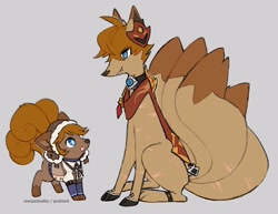 Size: 2048x1580 | Tagged: safe, artist:morguebuddy, tartaglia, teucer, generation 1 pokemon, ninetales, pokemon (species), vulpix, boy, cub, feral, male, males only, young, crossover, genshin impact, pokémon, colored, digital, flat colored, age difference, alternate species, blue eyes, brown body, clothed feral, clothing, collar, duo, full-length portrait, furrified, hair, hat, headwear, looking at another, looking at each other, open mouth, open smile, orange hair, paws, scar, shirt, short hair, sitting, size difference, smiling, standing, tail, tan body, topwear