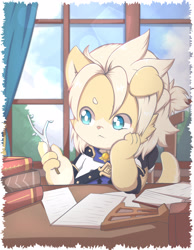 Size: 3019x3894 | Tagged: safe, artist:toruu, albedo (genshin impact), canid, dog, mammal, boy, cub, cubs only, male, solo boy, solo cub, solo male, young, genshin impact, cel shaded, colored, digital, aged down, alternate species, clothing, daytime, furrified, hair, hand on cheek, holding object, indoors, kemono, kemoshota, paws, shirt, sitting, solo, table, tail, teal eyes, topwear, white hair, yellow body
