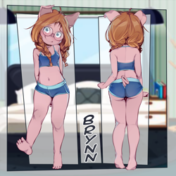 Size: 2000x2000 | Tagged: suggestive, artist:sicmop, oc:brynn (belleflower), mammal, pig, suid, anthro, cub, cubs only, female, girl, plantigrade, solo cub, solo female, solo girl, solo teen, teen, young, alternate version, colored, digital, reference sheet, 4 toes, blushing, bottomwear, braided hair, breasts, butt, clothing, coiled tail, crop top, eyewear, feet, furgonomics, glasses, hair, looking at you, midriff, multiple poses, navel, pink body, short shorts, shorts, small breasts, smiling, solo, standing, tail, tank top, topwear
