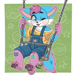Size: 894x894 | Tagged: unknown species, safe, artist:evilkiwii, ambiguous species, ambiguous gender, cub, cubs only, solo cub, young, colored, digital, 4 fingers, 4 toes, blue eyes, blushing, bottomwear, clothing, feet, front view, full-length portrait, hair, hindpaw, one eye closed, open mouth, open smile, overalls, pants, pawpads, pokemon sticker, shirt, short hair, sitting, smiling, solo, sticker, swing, swinging, tail, topwear