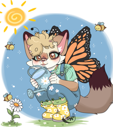 Size: 841x950 | Tagged: unknown species, safe, artist:evilkiwii, oc:primrose (fairyfur), ambiguous gender, cub, cubs only, solo cub, young, colored, digital, 5 fingers, bandage, bandage on face, blep, blushing, boots, bottomwear, brown eyes, clothing, crouching, daytime, fingers, footwear, full-length portrait, hair, holding object, jewelry, necklace, neckwear, outdoors, overalls, pants, shirt, shoes, solo, tail, tongue out, topwear, watering can, wings