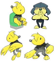 Size: 1163x1280 | Tagged: safe, artist:notfornothin, relek, mammal, mole, anthro, cub, cubs only, solo cub, solo male, young, tomato adventure, colored, digital, flat colored, sketchy, barefoot, beady eyes, clasped hands, eyes closed, front view, hood, looking at you, mouthless, multiple poses, ninjutsu pose, rolled up sleeves, sitting, skinsuit, solo, standing, stirrup clothing