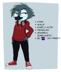 Size: 2854x3367 | Tagged: safe, artist:limettin, oc:finn the penguin, avian, bird, penguin, anthro, male, males only, solo male, cel shaded, reference sheet, bisexual pride colors, clothing, earphones, english text, front view, full-length portrait, fully clothed, hand on hip, hood down, hoodie, looking away, pants, posing, pride colors, shoes, sneakers, solo, standing