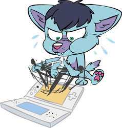 Size: 700x736 | Tagged: safe, artist:stinkek, canid, mammal, wolf, anthro, chibi, cub, cubs only, male, males only, solo cub, solo male, young, colored, digital, flat colored, cheek bulge, feet, front view, full-length portrait, game console, gaming, green eyes, hair, holding object, nintendo ds, pawpads, short hair, sitting, solo, sweat, tail, transparent background