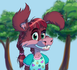 Size: 2000x1828 | Tagged: safe, artist:stinkek, oc only, oc:tavika (stinkek), fictional species, mammal, anthro, cub, cubs only, female, girl, solo cub, solo female, solo girl, young, colored, digital, aged down, black eye (injury), blood, bloodshot eyes, braided hair, bust portrait, clothing, daytime, flat breasts, green eyes, hair, hair accessory, hair tie, injury, looking at you, missing tooth, nose bleed, outdoors, shirt, smiling, solo, topwear