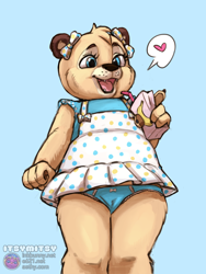 Size: 720x960 | Tagged: suggestive, artist:itsy mitsy, oc only, oc:nilla (urbansaint), bear, mammal, ursine, anthro, cub, cubs only, female, girl, solo cub, solo female, solo girl, young, colored, digital, blue eyes, bow, camel toe, clothing, dress, front view, hair accessory, hair bow, holding object, juice box, low-angle view, open mouth, open smile, panties, smiling, solo, speech bubble, underwear