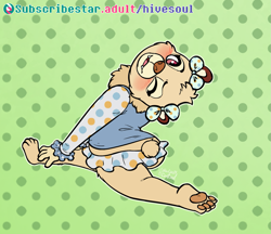 Size: 1351x1165 | Tagged: suggestive, artist:soulcentinel, oc only, oc:nilla (urbansaint), bear, mammal, ursine, anthro, cub, cubs only, female, girl, solo cub, solo female, solo girl, young, colored, digital, flat colored, 4 toes, 5 fingers, blushing, bottomwear, bow, clothing, feet, fingers, flexible, full-length portrait, hair accessory, hair bow, looking at you, looking back, looking back at you, micro skirt, one eye closed, open mouth, pawpads, paws, rear view, skirt, solo, tail, topwear
