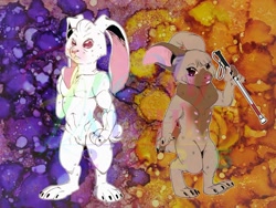 Size: 1100x825 | Tagged: safe, artist:fredlyfatchet, makoto makimura, tetsu tachibana, lagomorph, mammal, rabbit, anthro, yakuza series, colored, flat colored, albino, alternate species, amputee, blind, brother and sister, buckteeth, clenched fist, closed eyes, digitigrade, duo, featureless crotch, front view, full-length portrait, furrified, looking at you, lop ears, nipples, nudity, one arm up, siblings, standing, stomach nipples, walking, white cane