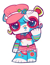 Size: 910x1186 | Tagged: safe, artist:beetlebarks, mod panda, giant panda, mammal, ambiguous gender, anthro, chibi, littlest pet shop, colored, digital, flat colored, blue eyes, bottomwear, clothing, crop top, flat cap, front view, full-length portrait, hair, half-closed eyes, hat, headwear, looking at you, midriff, navel, shirt, short hair, shorts, solo, stripes, topwear