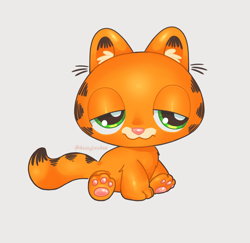 Size: 4436x4306 | Tagged: safe, artist:dactyloiidae, garfield, cat, felid, mammal, chibi, feral, male, males only, solo male, garfield series, littlest pet shop, colored, digital, dead source, full-length portrait, green eyes, half-closed eyes, orange body, pawpads, paws, sitting, solo, stripes, style parody, tail