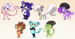 Size: 2224x1161 | Tagged: safe, artist:labbit, minka mark, penny ling, pepper clark, russell ferguson, sunil nevla, vinnie terrio, zoe trent, canid, dog, gecko, giant panda, hedgehog, herpestid, mammal, mongoose, monkey, mustelid, primate, reptile, skunk, anthro, chibi, female, feral, male, littlest pet shop, colored, digital, flat colored, armwear, beanie, blue eyes, bow, bracelet, cigarette, clothed feral, collar, ear piercing, earring, facial piercing, featureless crotch, full-length portrait, green body, green eyes, green hair, grey body, group, hair, hair accessory, hair bow, hair over one eye, half-closed eyes, hat, headwear, holding object, latex, legwear, looking at you, multiple images, one eye closed, open mouth, open smile, orange body, paws, piercing, pink body, pink eyes, pink hair, ponytail, purple body, purple hair, short hair, smiling, smoking, spiked collar, standing, tail, teal body, topwear, white hair, yellow eyes