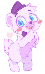 Size: 962x1584 | Tagged: safe, artist:glassesrabbit, helpy, bear, mammal, ursine, anthro, chibi, male, males only, solo male, five nights at freddy's, cel shaded, colored, digital, blue eyes, bow, bowtie, digitigrade, front view, full-length portrait, hands together, hat, headwear, looking at you, open mouth, open smile, paws, smiling, solo, standing, tail, top hat, white body