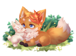 Size: 1070x789 | Tagged: safe, artist:annetpeas, lumine, tartaglia, canid, fox, lagomorph, mammal, rabbit, chibi, female, feral, feral/feral, male, male/female, genshin impact, colored, digital, fully shaded, painted, alternate species, blue eyes, blushing, closed eyes, duo, ear piercing, full-length portrait, furrified, hair accessory, hair flower, kissing, lying, on front, orange body, outdoors, paws, piercing, predator/prey, shipping, size difference, standing, tail, white body