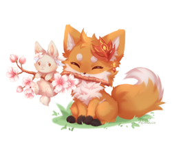 Size: 1060x900 | Tagged: safe, artist:annetpeas, lumine, tartaglia, canid, fox, lagomorph, mammal, rabbit, chibi, female, feral, male, genshin impact, colored, digital, fully shaded, painted, alternate species, cherry blossom, closed eyes, duo, ear piercing, feet, full-length portrait, furrified, hair accessory, hair flower, holding object, holding object in mouth, orange body, pawpads, paws, piercing, sitting, size difference, tail, white body