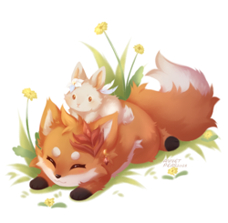 Size: 1020x1000 | Tagged: safe, artist:annetpeas, lumine, tartaglia, canid, fox, lagomorph, mammal, rabbit, chibi, female, feral, male, genshin impact, colored, digital, fully shaded, painted, alternate species, closed eyes, duo, ear piercing, full-length portrait, furrified, hair accessory, hair flower, lying, on front, on top of, orange body, outdoors, paws, piercing, sitting, size difference, smiling, tail, white body