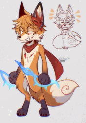 Size: 1200x1700 | Tagged: safe, artist:solutarou, tartaglia, canid, fox, mammal, anthro, male, males only, slender, solo male, twink, genshin impact, digital, alternate species, blood, blushing, closed eyes, digitigrade, ear piercing, featureless chest, featureless crotch, full-length portrait, furrified, hair, holding object, holding weapon, orange body, orange hair, paws, piercing, short hair, smiling, solo, standing, tail, weapon