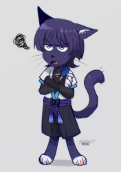 Size: 1200x1700 | Tagged: safe, artist:solutarou, scaramouche, cat, felid, mammal, anthro, male, males only, slender, solo male, twink, genshin impact, colored, digital, alternate species, annoyed, barefoot, bottomwear, clothing, crossed arms, digitigrade, front view, full-length portrait, furrified, open mouth, paws, shirt, short hair, shorts, solo, standing, tail, topwear