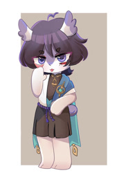 Size: 828x1201 | Tagged: safe, artist:mintynqq, scaramouche, melusine, anthro, male, males only, solo male, genshin impact, colored, digital, alternate species, barefoot, bottomwear, clothing, eyelid pull taunt, front view, full-length portrait, furrified, looking at you, shirt, short hair, shorts, solo, standing, tail, taunting, tongue out, topwear