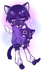 Size: 1148x1942 | Tagged: safe, artist:zenexart, scaramouche, cat, felid, mammal, anthro, chibi, male, males only, solo male, genshin impact, colored, digital, alternate species, bottomwear, clothing, footwear, front view, full-length portrait, furrified, holding object, legwear, looking at you, plushie, shirt, shoes, short hair, shorts, socks, solo, tail, topwear, toy, wings