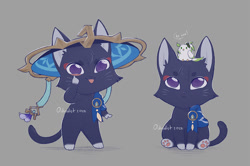 Size: 1057x700 | Tagged: safe, artist:0strolist, nahida, scaramouche, avian, bird, cat, felid, mammal, chibi, female, male, male focus, genshin impact, colored, digital, alternate species, eyelid pull taunt, front view, full-length portrait, furrified, hat, headwear, looking at another, looking at you, multiple scenes, on top of, pawpads, paws, purple eyes, sitting, sitting on head, size difference, solo focus, standing, taunting, tongue out