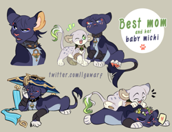 Size: 1075x824 | Tagged: safe, artist:iguky-neky, nahida, scaramouche, big cat, felid, lion, mammal, boy, cub, cubs only, female, feral, girl, male, young, young only, genshin impact, colored, digital, flat colored, alternate species, annoyed, blue eyes, blushing, closed eyes, clothed feral, collar, flower crown, full-length portrait, furrified, green eyes, hat, headwear, looking away, lying, lying on another, multiple scenes, on front, one eye closed, open mouth, open smile, pawpads, paws, sitting, size difference, smiling, standing, tail