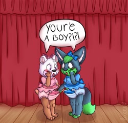 Size: 1280x1229 | Tagged: suggestive, artist:lucca, oc only, oc:mikey (mikey-the-little), oc:snow (snowthebear), bear, canid, fennec, fox, mammal, ursine, anthro, boy, boys only, cub, cubs only, femboy, male, males only, plantigrade, young, young only, colored, digital, 3 toes, 4 fingers, blushing, bow, clothing, crossdressing, dialogue, diaper, dress, duo, feet, full-length portrait, green hair, hair accessory, hair bow, looking at another, purple eyes, short hair, speech bubble, surprised, tail