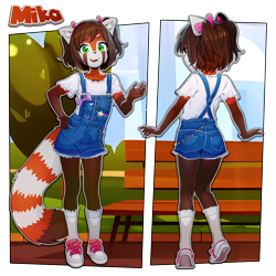 Size: 3000x3000 | Tagged: safe, artist:sicmop, oc:mika (kryssandraninsoare), ailurid, mammal, red panda, anthro, cub, cubs only, female, girl, solo cub, solo female, solo girl, young, alternate version, colored, digital, reference sheet, 5 fingers, bottomwear, brown hair, clothing, fingers, flat breasts, footwear, front view, full-length portrait, green eyes, hair accessory, hair bow, legwear, looking at you, multiple poses, open mouth, open smile, outdoors, overall shorts, pigtails, rear view, shirt, shoes, shorts, smiling, sneakers, socks, solo, standing, tail, topwear, transparent background