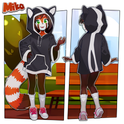 Size: 3000x3000 | Tagged: safe, artist:sicmop, oc:mika (kryssandraninsoare), ailurid, mammal, red panda, anthro, cub, cubs only, female, girl, solo cub, solo female, solo girl, young, alternate version, colored, digital, reference sheet, 5 fingers, brown hair, clothing, fingers, flat breasts, footwear, front view, full-length portrait, green eyes, hood up, hoodie, legwear, looking at you, multiple poses, open mouth, open smile, outdoors, pigtails, rear view, shirt, shoes, smiling, sneakers, socks, solo, standing, tail, topwear, transparent background