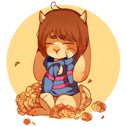 Size: 900x900 | Tagged: safe, artist:fredek666, frisk, boss monster, bovid, caprine, hybrid, lagomorph, mammal, ambiguous gender, anthro, cub, cubs only, solo cub, young, undertale, colored, digital, alternate species, barefoot, bottomless, brown hair, clothing, eyes closed, feet, flower, front view, full-length portrait, fur, furrified, hair, horns, paws, shirt, short hair, sitting, solo, sweater, tail, topwear