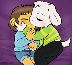 Size: 999x899 | Tagged: safe, artist:perpleon, asriel dreemurr, frisk, boss monster, goat, human, mammal, ungulate, ambiguous gender, anthro, anthro/human, boy, boy/ambiguous, cub, cub/ambiguous, kid, male, male/ambiguous, young, young only, undertale, colored, digital, 5 fingers, blushing, bottomwear, brown hair, closed eyes, clothing, duo, fingers, hand on cheek, holding hands, jorts, kissing, lying, on bed, pants, shirt, short hair, shorts, tail, topwear, white body
