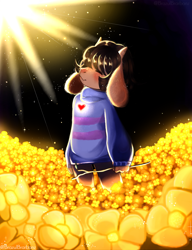 Size: 2000x2600 | Tagged: safe, artist:brazul brabanz, frisk, boss monster, ambiguous gender, anthro, cub, cubs only, solo cub, young, undertale, colored, digital, fully shaded, painted, alternate species, blushing, bottomwear, brown body, clothing, flower, furrified, hair, holding object, horns, outdoors, shirt, short hair, solo, topwear