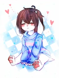 Size: 768x1024 | Tagged: safe, artist:shinnieshys, frisk, boss monster, ambiguous gender, anthro, cub, cubs only, solo cub, young, undertale, colored, digital, 4 toes, alternate species, barefoot, blushing, bottomless, brown hair, closed eyes, clothing, feet, front view, full-length portrait, furrified, horns, pawpads, paws, shirt, short hair, sitting, solo, topwear, white body
