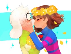 Size: 800x600 | Tagged: safe, artist:sosesoseji, asriel dreemurr, frisk, boss monster, goat, human, mammal, ungulate, ambiguous gender, anthro, anthro/human, boy, boy/ambiguous, cub, kid, male, male/ambiguous, young, young only, young/young, undertale, colored, digital, blushing, brown hair, closed eyes, clothing, duo, flower, flower crown, hand on cheek, holding object, kissing, shipping, shirt, short hair, surprised, topwear, white body