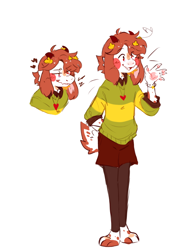 Size: 540x794 | Tagged: safe, artist:meowchela, chara, boss monster, ambiguous gender, anthro, cub, cubs only, solo cub, young, undertale, colored, digital, sketch, 3 toes, 5 fingers, alternate species, annoyed, barefoot, bottomwear, brown hair, clothing, feet, fingers, front view, full-length portrait, furrified, horns, legwear, open mouth, open smile, pawpads, paws, red eyes, shirt, short hair, shorts, smiling, solo, standing, tail, topwear