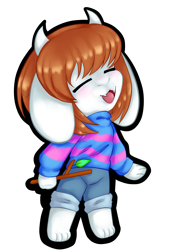Size: 2313x3313 | Tagged: safe, artist:zahrakatzzuga, frisk, boss monster, ambiguous gender, anthro, chibi, cub, cubs only, solo cub, young, undertale, colored, digital, alternate species, barefoot, blushing, bottomwear, brown hair, closed eyes, clothing, feet, front view, full-length portrait, furrified, holding object, horns, jorts, open mouth, open smile, shirt, short hair, shorts, smiling, solo, standing, topwear, transparent background, white body