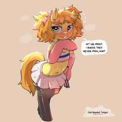 Size: 1500x1500 | Tagged: suggestive, artist:coldbloodedtwilight, braeburn, earth pony, equid, mammal, pony, femboy, male, males only, semi-anthro, solo male, my little pony, my little pony: g4, colored, digital, armwear, blushing, bottomwear, bow, bulge, clothing, crossdressing, dialogue, eyeshadow, front view, full-length portrait, gloves, green eyes, hair, hair accessory, hair bow, half-closed eyes, heart eyes, legwear, lipstick, looking at you, makeup, midriff, navel, panties, pigtails, skirt, smiling, solo, speech bubble, tail, tank top, text, thigh highs, topwear, underwear, walking, yellow body
