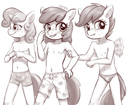 Size: 2955x2437 | Tagged: suggestive, artist:crade, apple bloom, scootaloo (g4), sweetie belle (g4), earth pony, equid, equine, mammal, pegasus, pony, unicorn, anthro, cub, cubs only, female, females only, girls only, young, young only, my little pony, my little pony: g4, digital, monochrome, anthrofied, blushing, clothing, crossdressing, flat breasts, front view, hair, horn, navel, nervous, nipples, smiling, speedo, sweat, swim trunks, swimsuit, swimwear, tail, topless, trio