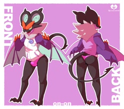 Size: 1200x1053 | Tagged: safe, artist:warito moeru, generation 6 pokemon, generation 7 pokemon, noivern, pokemon (species), anthro, male, males only, solo male, solo teen, teen, pokémon, reference sheet, anthrofied, bulge, butt, claws, clothing, front view, jacket, looking at you, multiple angles, neck fluff, neck tuft, no pants, pink thong, purple clothing, purple underwear, rear view, smiling, smiling at you, solo, tail, thong, topwear, tuft, underwear, winged arms, wings