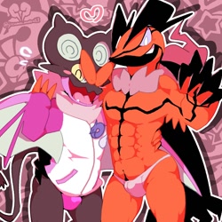 Size: 1200x1200 | Tagged: safe, artist:warito moeru, generation 6 pokemon, generation 7 pokemon, legendary pokemon, noivern, pokemon (species), yveltal, anthro, male, muscular, pokémon, abs, anthrofied, blushing, bottomless, bulge, closed eyes, clothing, duo, hand around waist, happy, horn, jacket, jockstrap, looking at you, neck tuft, open mouth, open smile, pink thong, posing, purple clothing, purple underwear, smiling, smiling at you, thong, topwear, tuft, underwear, waving at you, white clothing, white underwear, wings