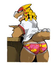 Size: 933x1110 | Tagged: safe, artist:warito moeru, generation 7 pokemon, kommo-o, pokemon (species), anthro, chubby, male, males only, solo male, pokémon, anthrofied, brown body, butt, clothing, gesture, leaning forward, low-riding, open mouth, pointing, rear view, shirt, solo, speedo, standing, swimsuit, swimwear, t-shirt, talking, topwear