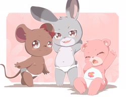 Size: 2048x1575 | Tagged: suggestive, artist:toruu, hugs (care bears), judy hopps, olivia flaversham, bear, lagomorph, mammal, mouse, murid, rabbit, rodent, ursine, anthro, chibi, cub, cubs only, female, females only, girl, girls only, young, young only, care bears, crossover, disney, the great mouse detective, zootopia, cel shaded, colored, digital, 3 toes, 4 fingers, aged down, arms behind back, belly markings, blushing, bow, brown body, brown eyes, camel toe, closed eyes, clothing, flat breasts, full-length portrait, fur, grey body, group, hair accessory, hair bow, kemololi, kemono, line up, looking at you, navel, nipples, open mouth, open smile, panties, pink body, sitting, smiling, standing, tail, topless, trio, underwear, yawning