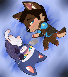 Size: 842x951 | Tagged: safe, artist:turchessse, sniper (tf2), spy (tf2), cat, felid, mammal, adult, anthro, chibi, male, males only, man, team fortress 2, colored, digital, alternate species, balaclava, barefoot, blue eyes, blushing, bottomless, brown body, cigarette, clothing, duo, full-length portrait, furrified, gloves, hair, half-closed eyes, handwear, high-angle view, looking at you, lying, open mouth, open smile, paw pose, shirt, short hair, smiling, smoking, tail, topwear, white body, yellow sclera